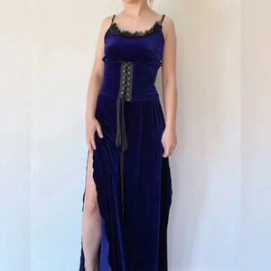Vintage Blue Velvet Maxi Dress Built in Corset Side Slits Lace Sleeveless S